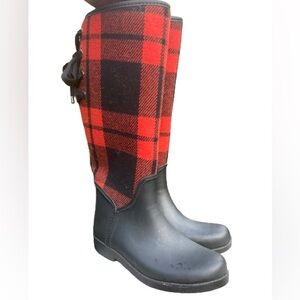 COACH Tristee Red Black Buffalo Plaid Bow Rain boots - Size 7